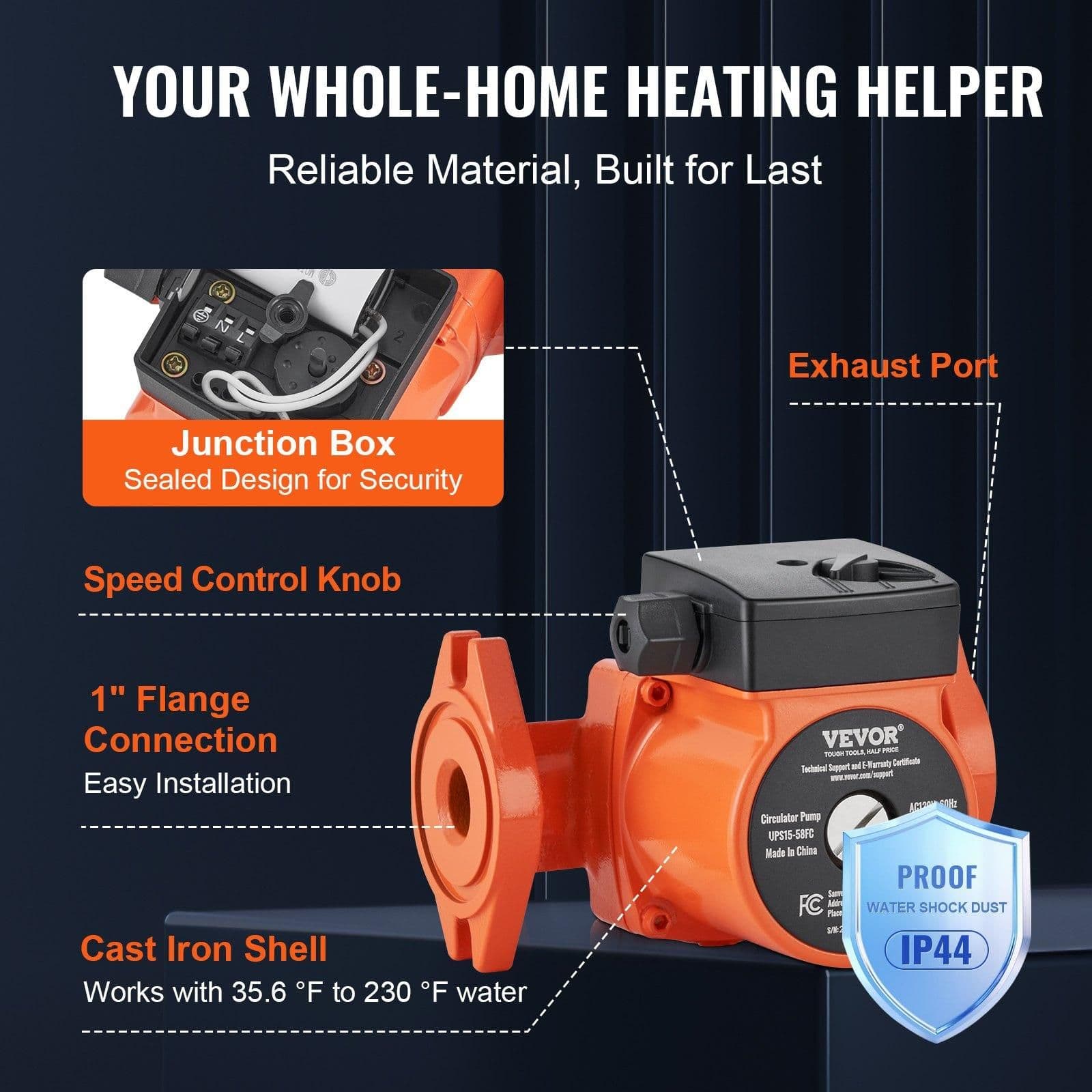 image-VEVOR UPS15-58FC Hot Water Recirculating Pump, 110V, 82W 17 GPM Hot Water Circulation Pump, 1" NPT Flange 3-Speed Circulator Pump, Quiet Operation Circulator Pump for Home Water Heater System