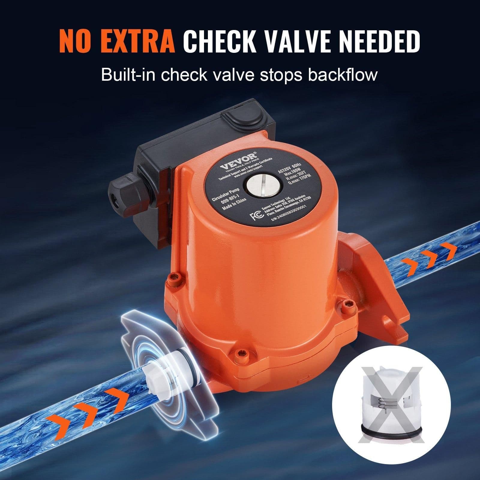 image-VEVOR 009-BF5-J Hot Water Recirculating Pump, 110V, 180W 17 GPM Hot Water Circulation Pump, 3/4" NPT Flange 3-Speed Circulator Pump, Quiet Operation Circulator Pump for Home Water Heater System