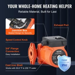 image-VEVOR 009-BF5-J Hot Water Recirculating Pump, 110V, 180W 17 GPM Hot Water Circulation Pump, 3/4" NPT Flange 3-Speed Circulator Pump, Quiet Operation Circulator Pump for Home Water Heater System