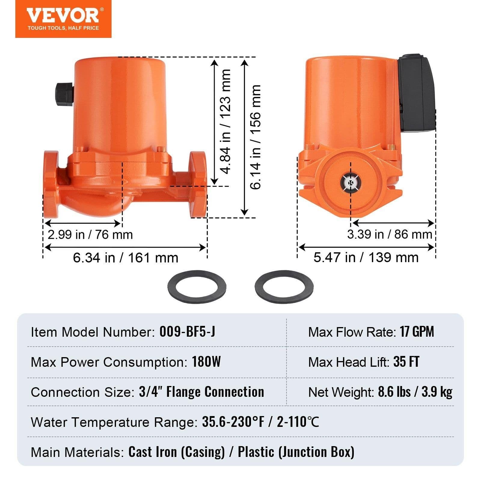 image-VEVOR 009-BF5-J Hot Water Recirculating Pump, 110V, 180W 17 GPM Hot Water Circulation Pump, 3/4" NPT Flange 3-Speed Circulator Pump, Quiet Operation Circulator Pump for Home Water Heater System