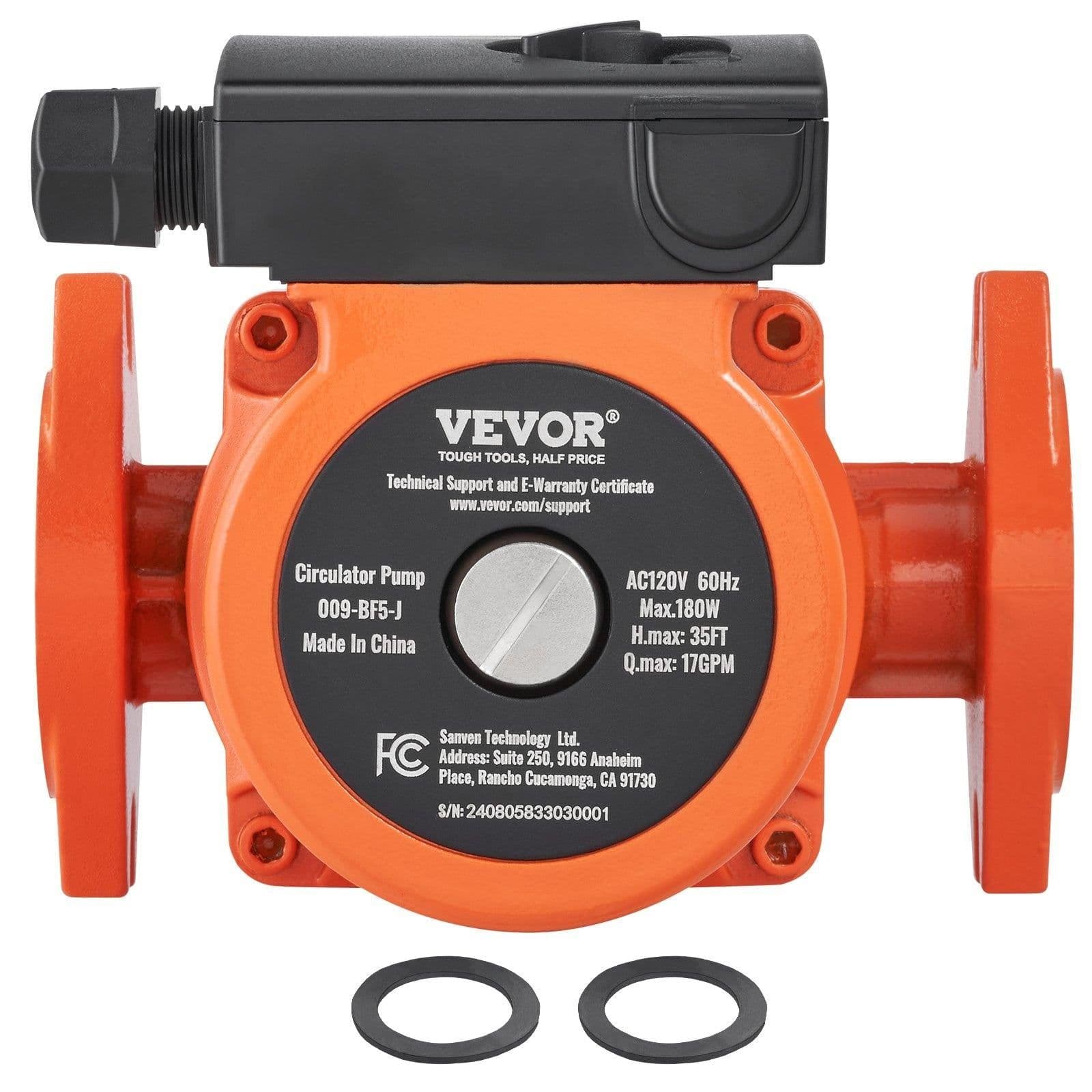 image-VEVOR 009-BF5-J Hot Water Recirculating Pump, 110V, 180W 17 GPM Hot Water Circulation Pump, 3/4" NPT Flange 3-Speed Circulator Pump, Quiet Operation Circulator Pump for Home Water Heater System