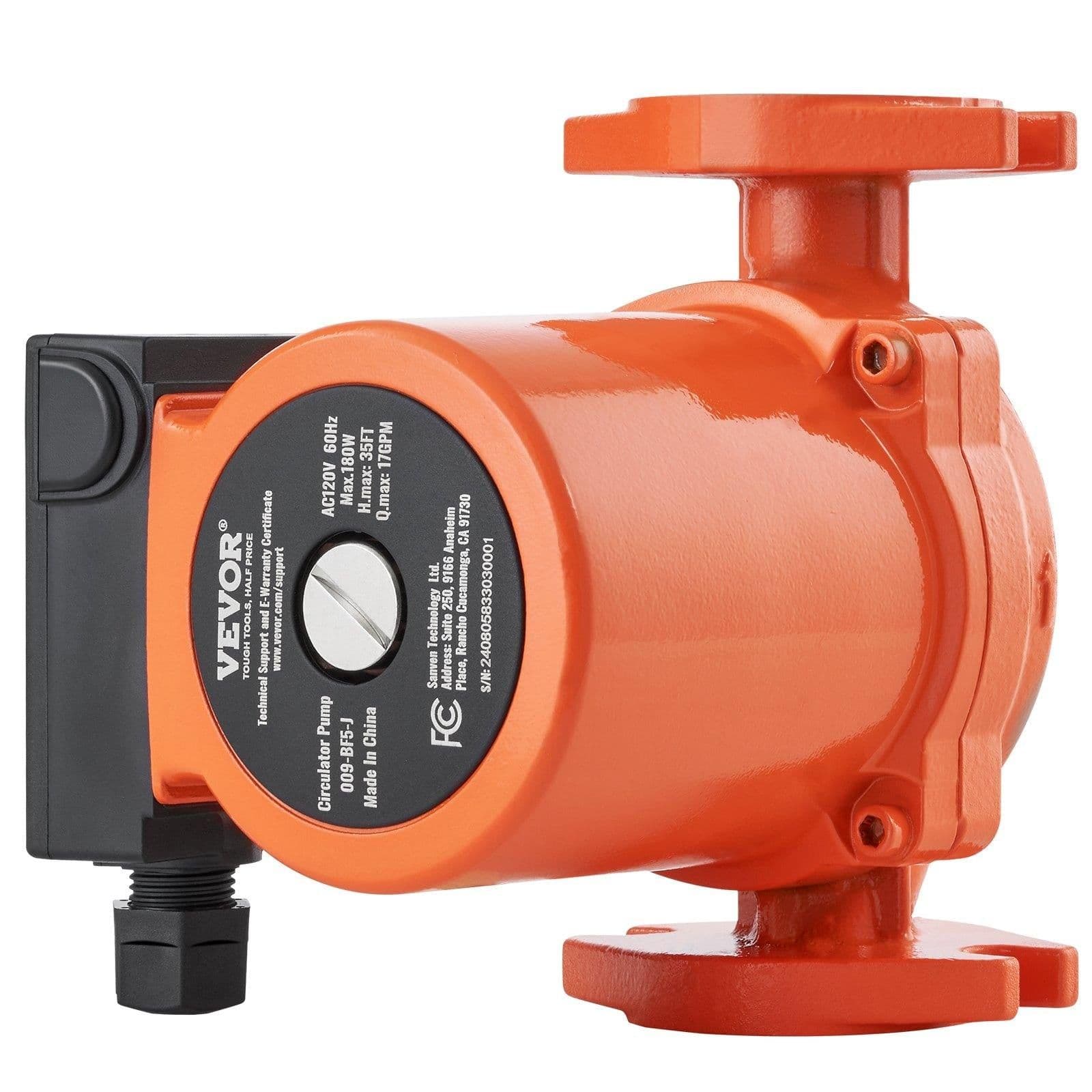 image-VEVOR 009-BF5-J Hot Water Recirculating Pump, 110V, 180W 17 GPM Hot Water Circulation Pump, 3/4" NPT Flange 3-Speed Circulator Pump, Quiet Operation Circulator Pump for Home Water Heater System