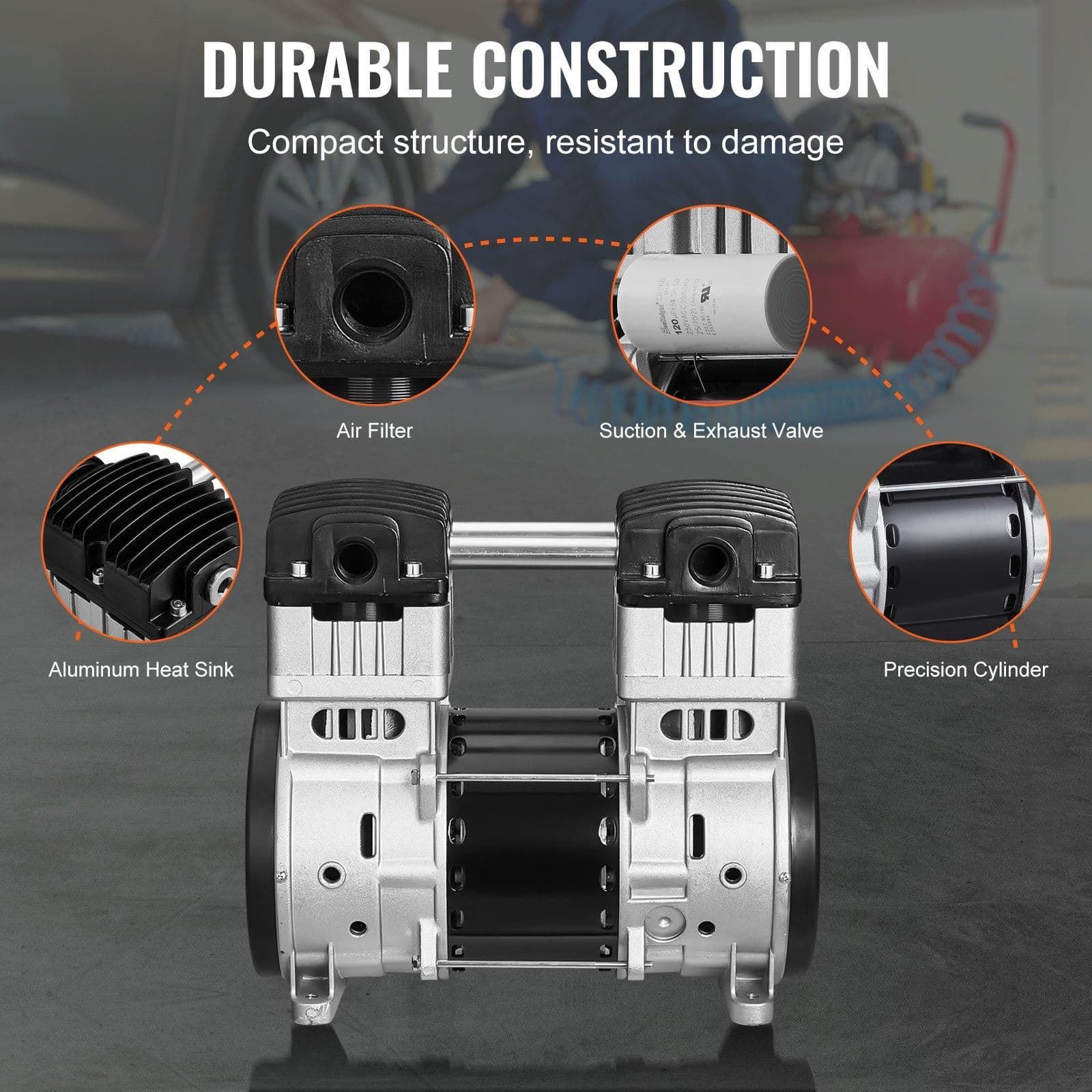 image-VEVOR Air Compressor Motor, 2HP 5.2CFM @ 90PSI Oil Free Air Compressor Pump & Max. 145PSI Pressure, 78dB Ultra-Quiet Compressor Motor for Auto Repair, Tire Inflation, Spray Painting, Woodwork Nailing