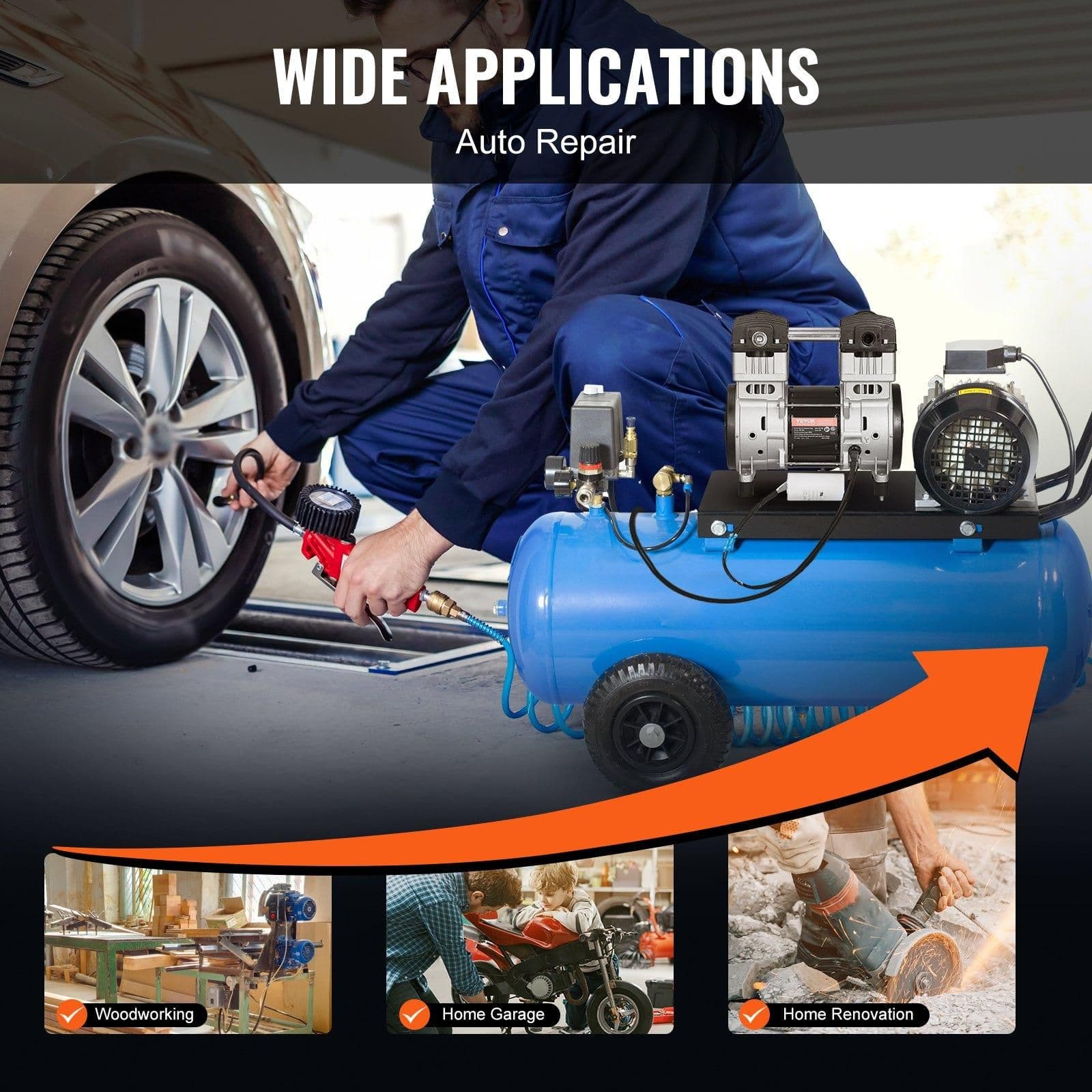image-VEVOR Air Compressor Motor, 2HP 5.2CFM @ 90PSI Oil Free Air Compressor Pump & Max. 145PSI Pressure, 78dB Ultra-Quiet Compressor Motor for Auto Repair, Tire Inflation, Spray Painting, Woodwork Nailing