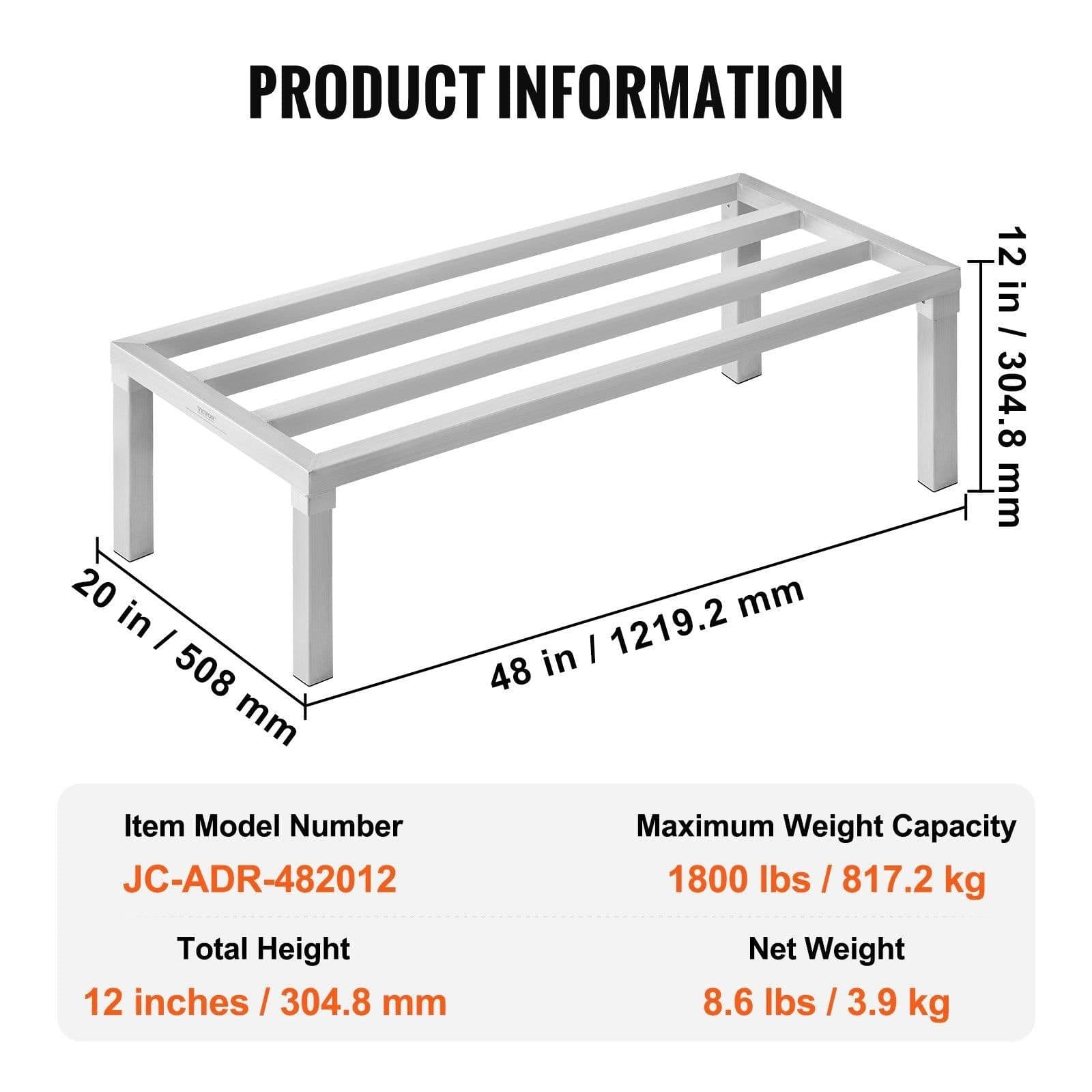 image-VEVOR Aluminum Dunnage Rack, 48” x 20” Commercial Food Floor Rack, 12” Off the Floor, 1800 lbs Capacity All-Welded Aluminum Storage Rack, for Storage in Restaurants, Kitchens, Garages and Vehicles