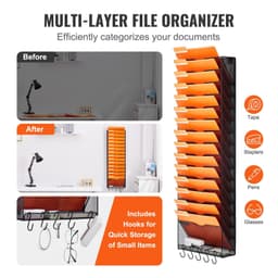 image-VEVOR File Wall Rack, One-Piece 16 Pockets Mesh Wall File Holder, Wall Mounted Magazine Mail Paper & Document Storage Folder, Metal Wall File Organizer with Nametag Label, for Office Home & School