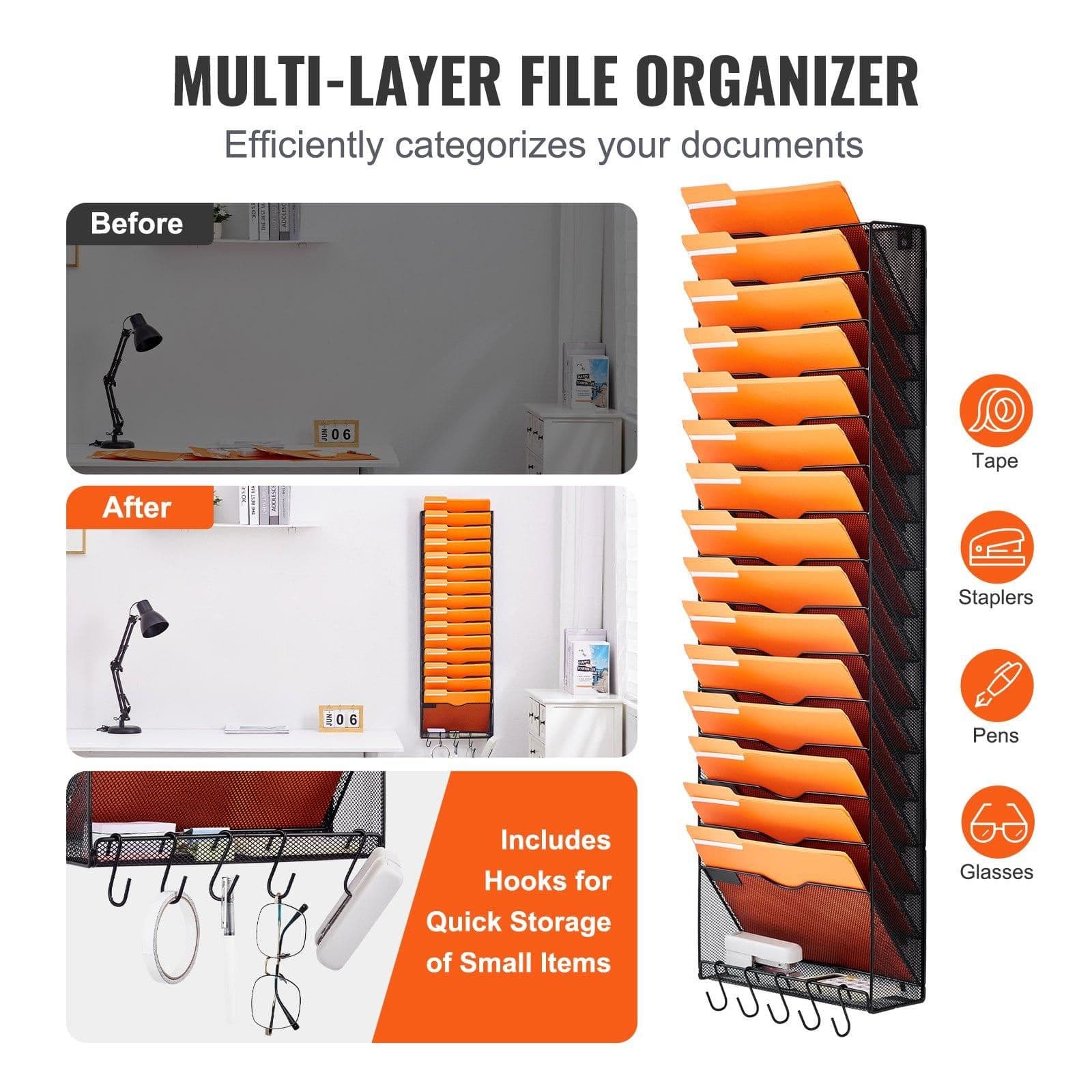 image-VEVOR File Wall Rack, One-Piece 16 Pockets Mesh Wall File Holder, Wall Mounted Magazine Mail Paper & Document Storage Folder, Metal Wall File Organizer with Nametag Label, for Office Home & School