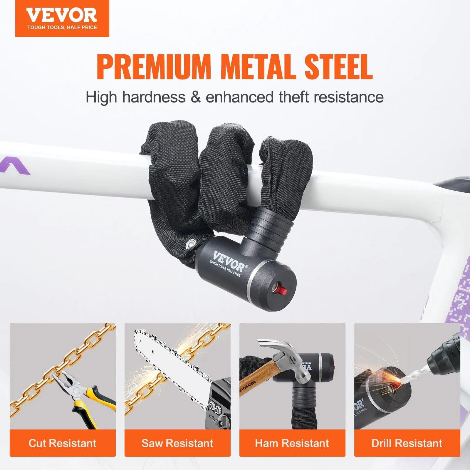image-VEVOR Bike Chain Lock, 2.79 Ft Combination Bicycle Chain Lock with 2 Keys, Heavy Duty Anti-Theft High Security Bike Locks, Perfect for Bike, Motorcycle, Scooter, Bicycle, Door, Fence or Gate, 8mm
