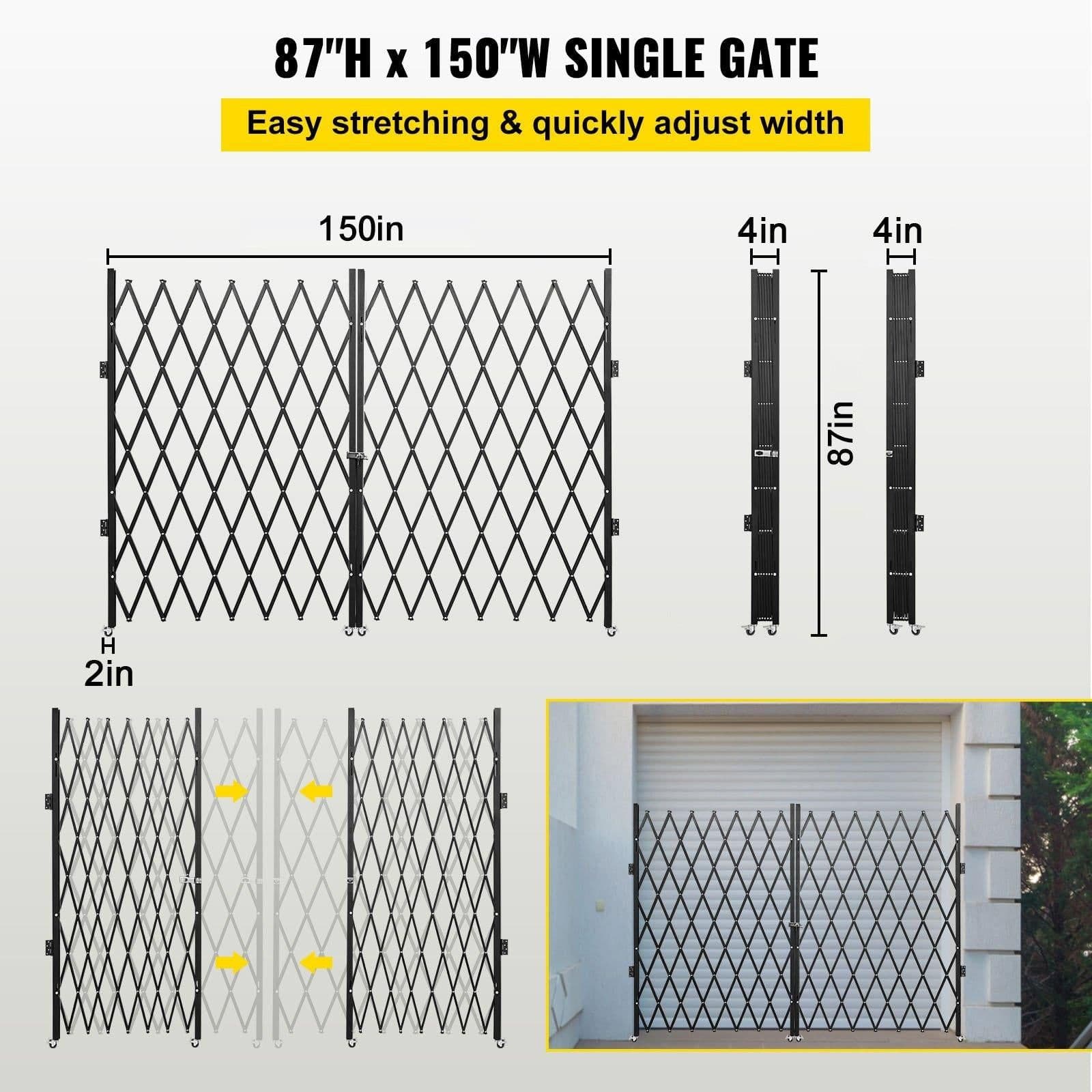 image-VEVOR Double Folding Security Gate, 6-1/2' H x 12' W Folding Door Gate, Steel Accordion Security Gate, Flexible Expanding Security Gate, 360° Rolling Barricade Gate, Scissor Gate or Door with Keys