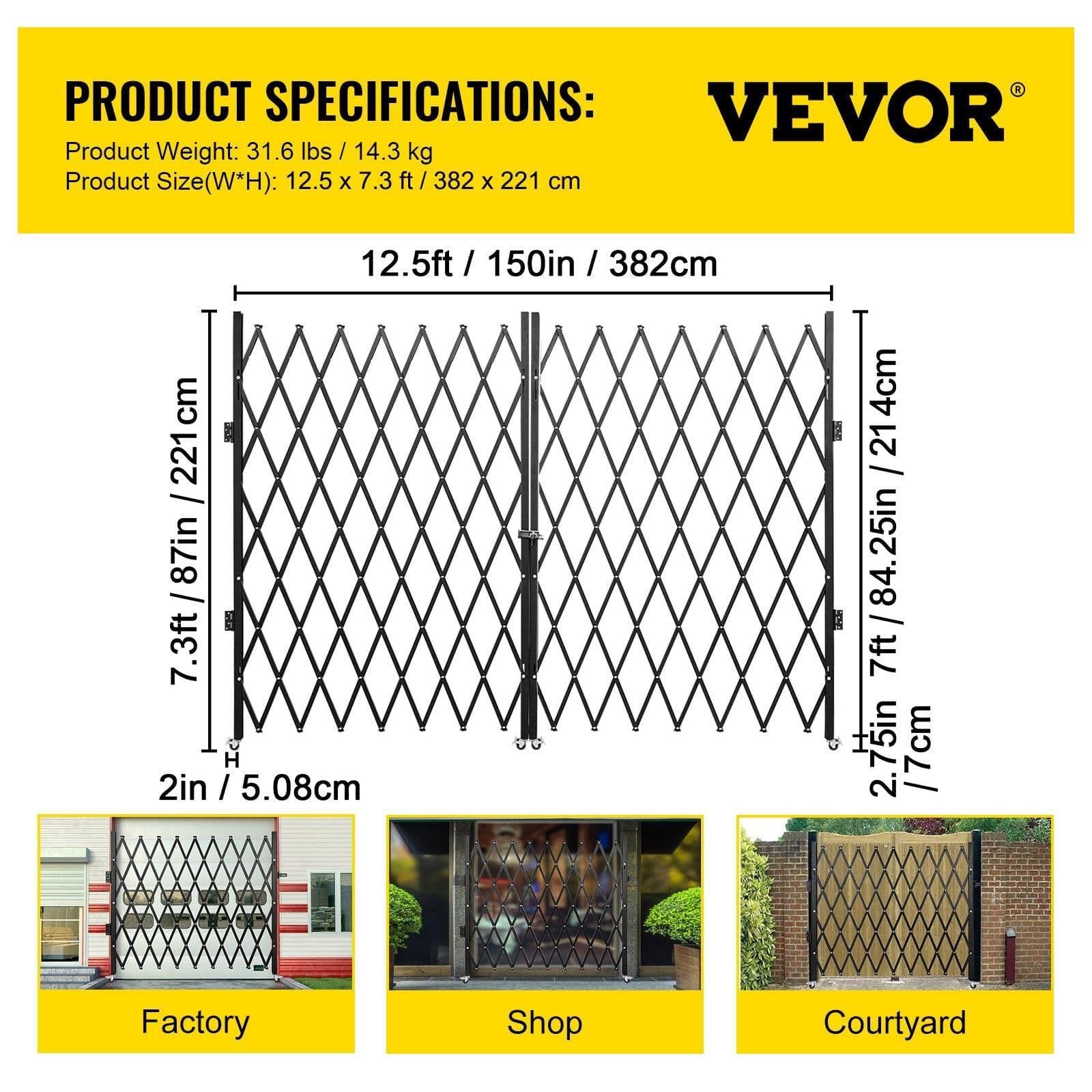 image-VEVOR Double Folding Security Gate, 6-1/2' H x 12' W Folding Door Gate, Steel Accordion Security Gate, Flexible Expanding Security Gate, 360° Rolling Barricade Gate, Scissor Gate or Door with Keys