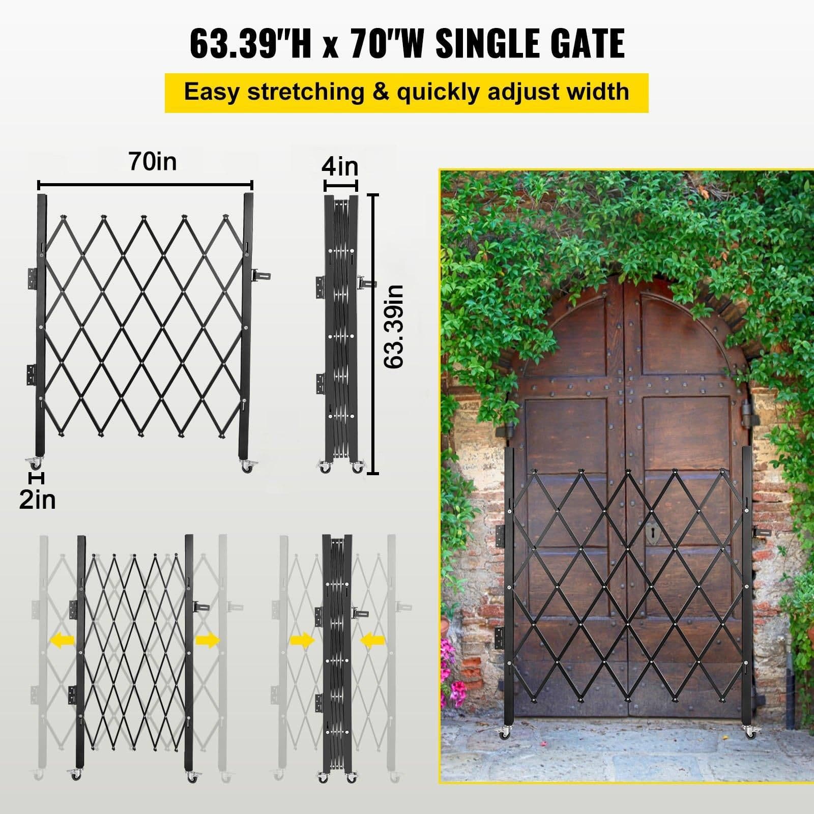 image-VEVOR Single Folding Security Gate, 5' H x 5-1/2' W Folding Door Gate, Steel Accordion Security Gate, Flexible Expanding Security Gate, 360° Rolling Barricade Gate, Scissor Gate/Door with Padlock