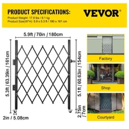 image-VEVOR Single Folding Security Gate, 5' H x 5-1/2' W Folding Door Gate, Steel Accordion Security Gate, Flexible Expanding Security Gate, 360° Rolling Barricade Gate, Scissor Gate/Door with Padlock