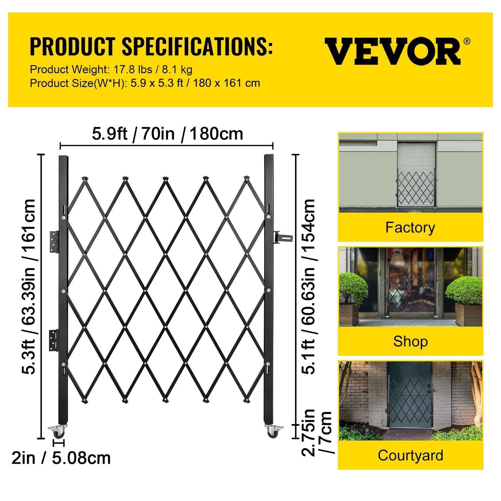 image-VEVOR Single Folding Security Gate, 5' H x 5-1/2' W Folding Door Gate, Steel Accordion Security Gate, Flexible Expanding Security Gate, 360° Rolling Barricade Gate, Scissor Gate/Door with Padlock