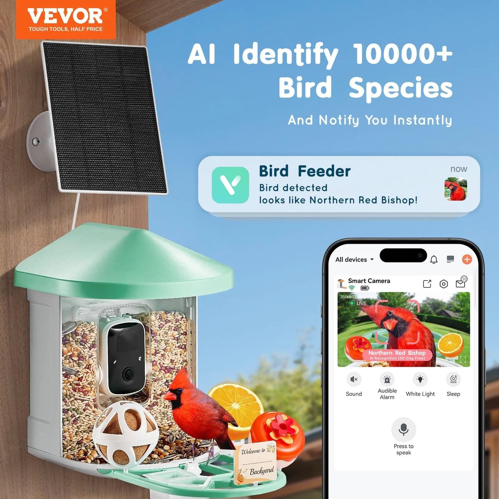 image-VEVOR Smart Bird Feeder with Camera, 2K HD AI Identify 10,000+ Bird Species, Solar-Powered Bird Watching Camera with Auto Capture & Instant Notify, Wireless Outdoor Ideal Gift for Bird Lovers (Green)