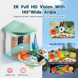 image-VEVOR Smart Bird Feeder with Camera, 2K HD AI Identify 10,000+ Bird Species, Solar-Powered Bird Watching Camera with Auto Capture & Instant Notify, Wireless Outdoor Ideal Gift for Bird Lovers (Green)