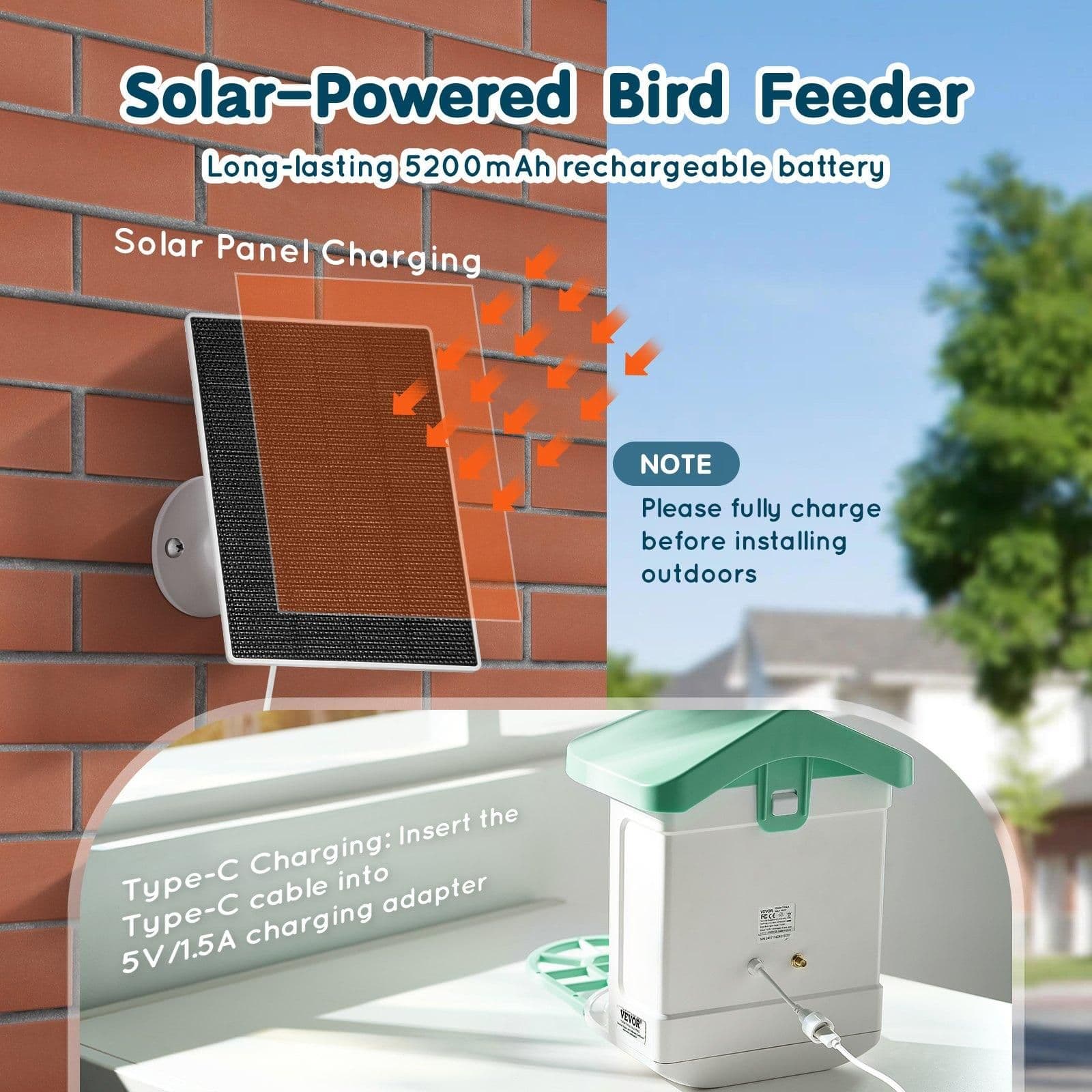 image-VEVOR Smart Bird Feeder with Camera, 2K HD AI Identify 10,000+ Bird Species, Solar-Powered Bird Watching Camera with Auto Capture & Instant Notify, Wireless Outdoor Ideal Gift for Bird Lovers (Green)