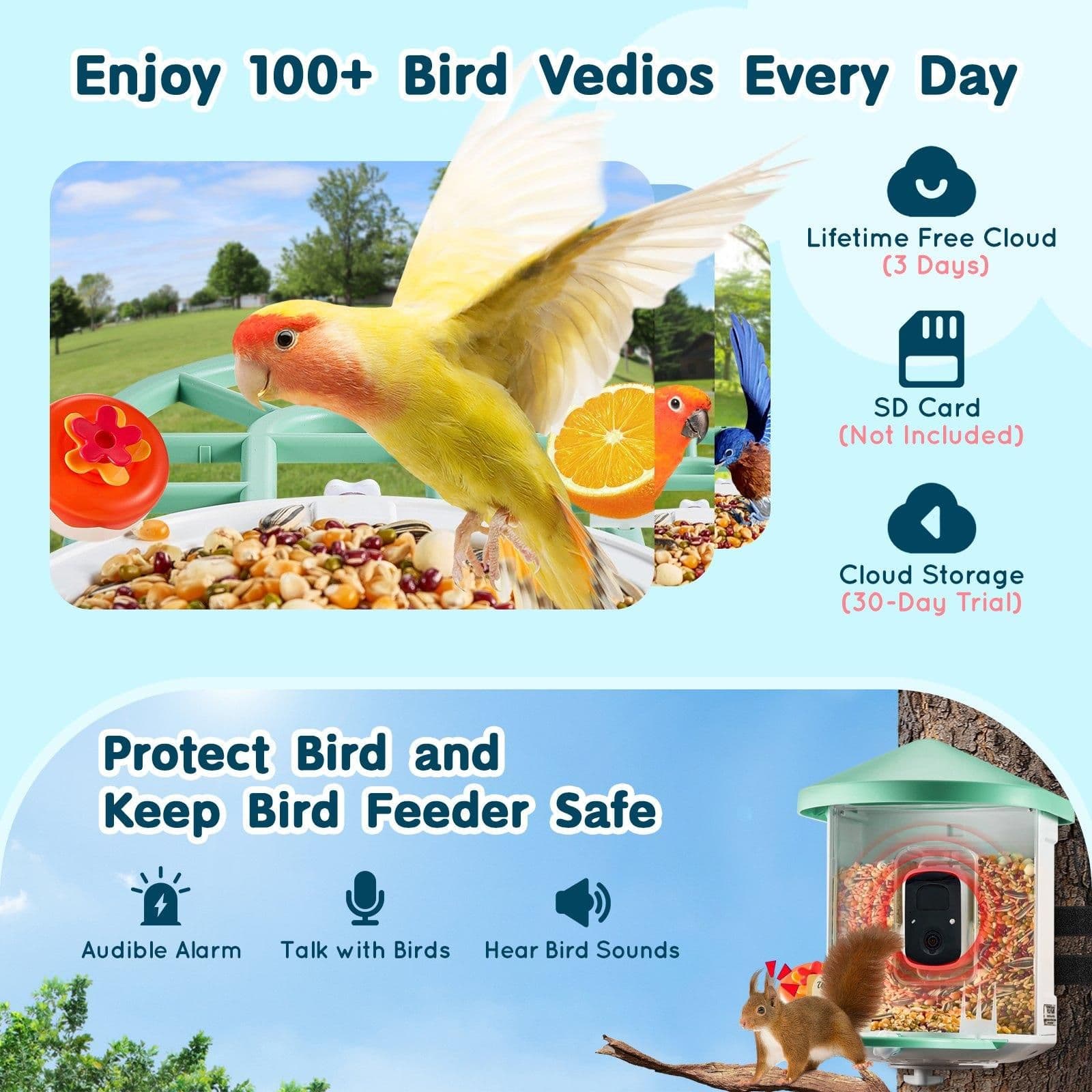 image-VEVOR Smart Bird Feeder with Camera, 2K HD AI Identify 10,000+ Bird Species, Solar-Powered Bird Watching Camera with Auto Capture & Instant Notify, Wireless Outdoor Ideal Gift for Bird Lovers (Green)