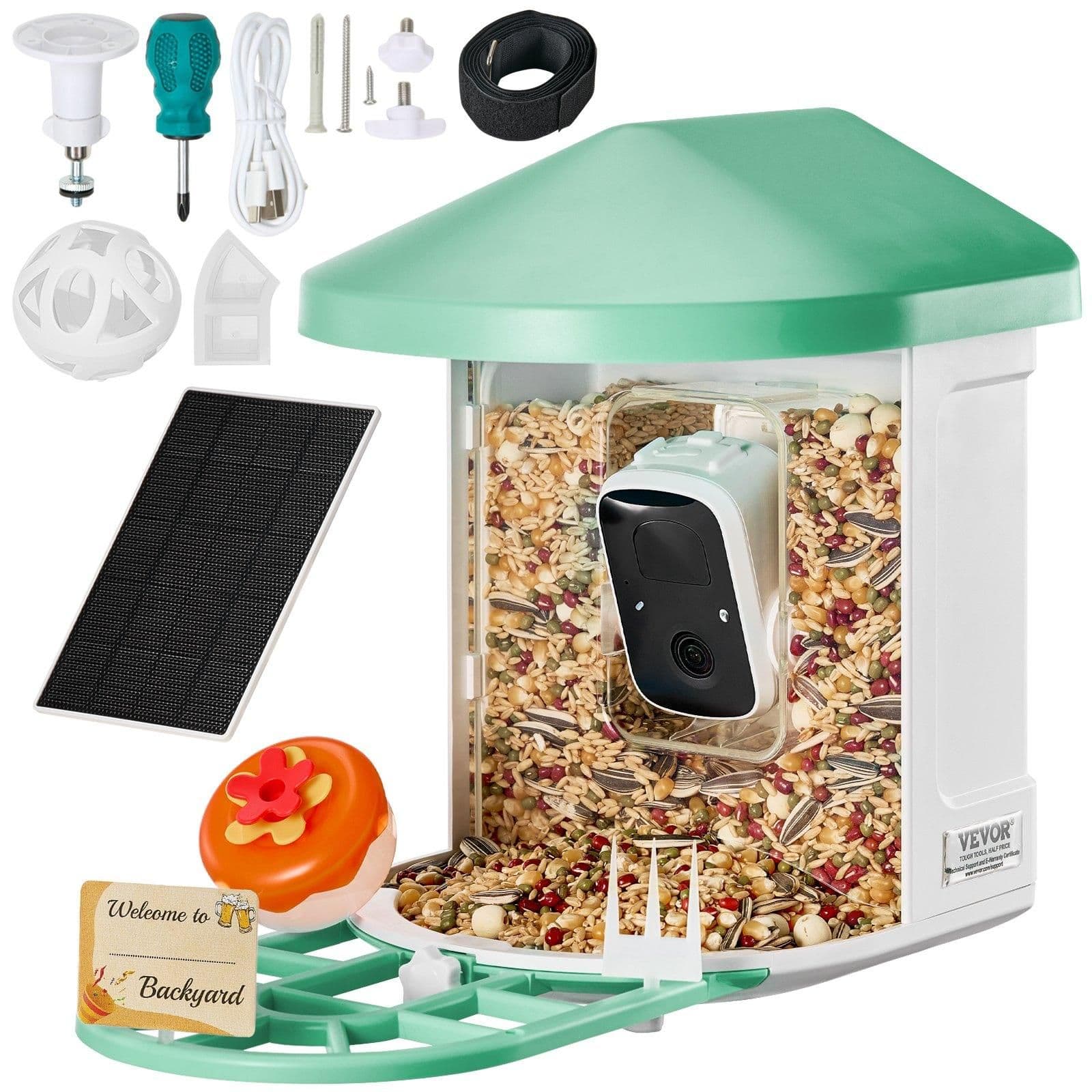 image-VEVOR Smart Bird Feeder with Camera, 2K HD AI Identify 10,000+ Bird Species, Solar-Powered Bird Watching Camera with Auto Capture & Instant Notify, Wireless Outdoor Ideal Gift for Bird Lovers (Green)