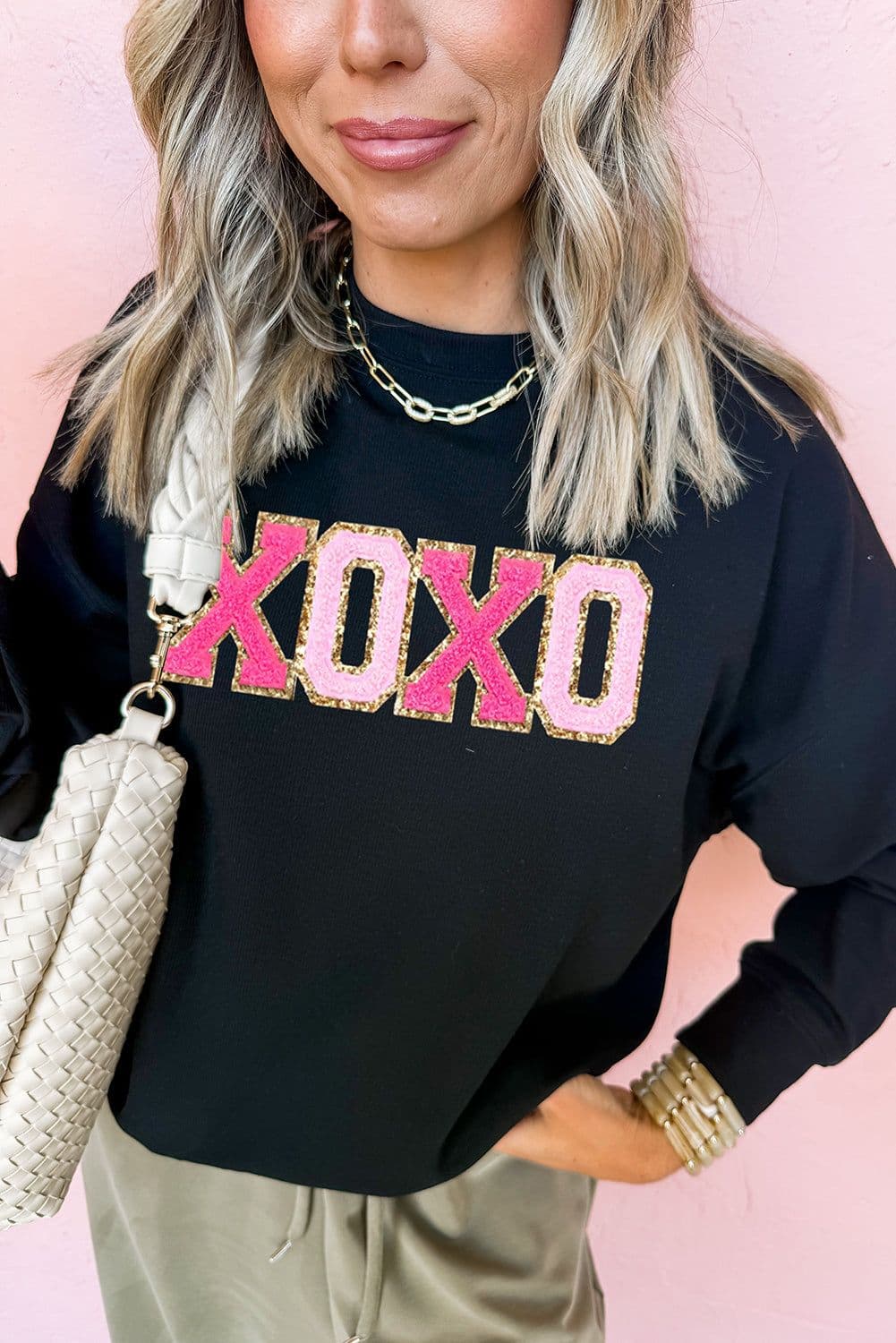 image-Black Chenille XOXO Patched Drop Shoulder Valentines Pullover Sweatshirt