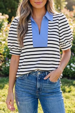 image-Lina Block Polo Collar Blouse - Puff Sleeve Cotton-Blend Relaxed Fit