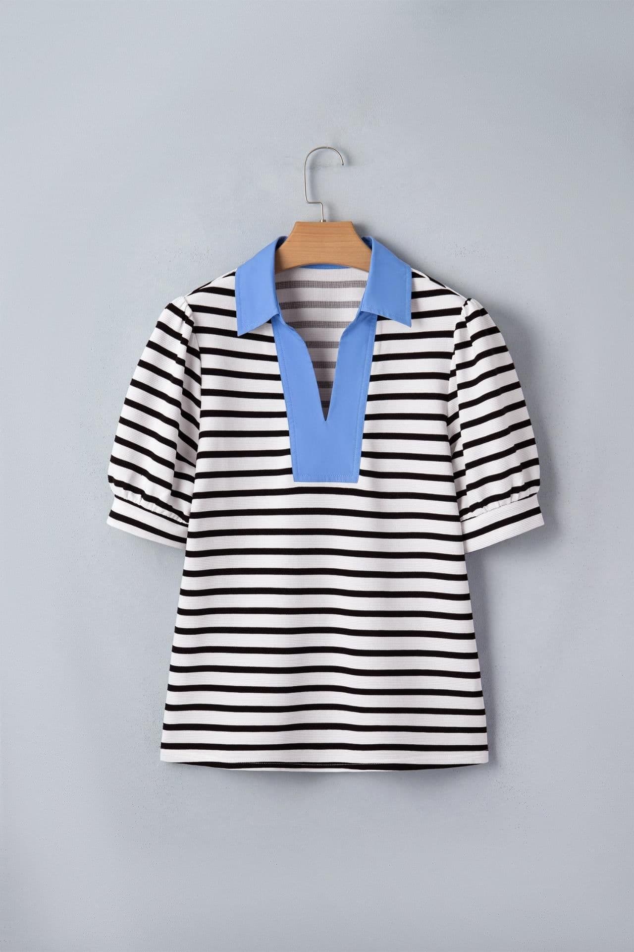 image-Lina Block Polo Collar Blouse - Puff Sleeve Cotton-Blend Relaxed Fit
