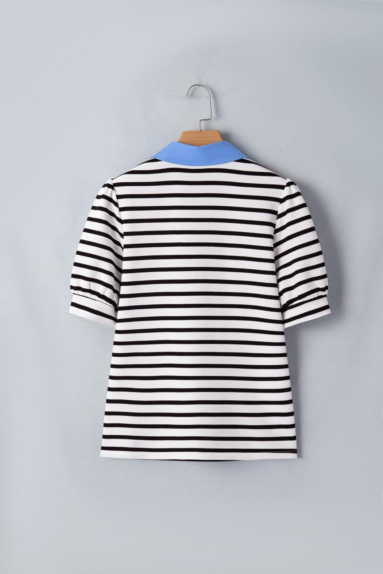 image-Lina Block Polo Collar Blouse - Puff Sleeve Cotton-Blend Relaxed Fit