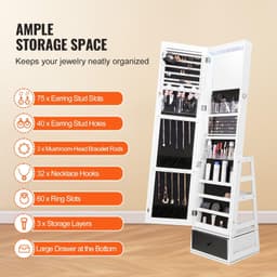 image-VEVOR Mirror Jewelry Cabinet, 360° Swivel Standing Mirror with Storage, Lockable Jewelry Mirror Organizer with Full Length Mirror, Velvet Lining, LED Light, Drawer, Freestanding Jewelry Armoire, White