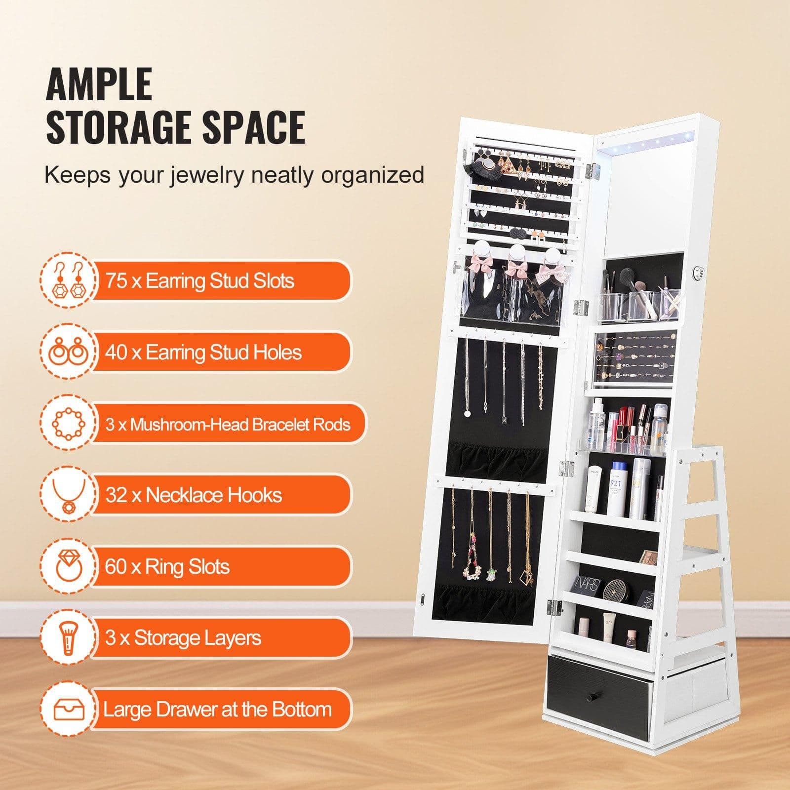 image-VEVOR Mirror Jewelry Cabinet, 360° Swivel Standing Mirror with Storage, Lockable Jewelry Mirror Organizer with Full Length Mirror, Velvet Lining, LED Light, Drawer, Freestanding Jewelry Armoire, White
