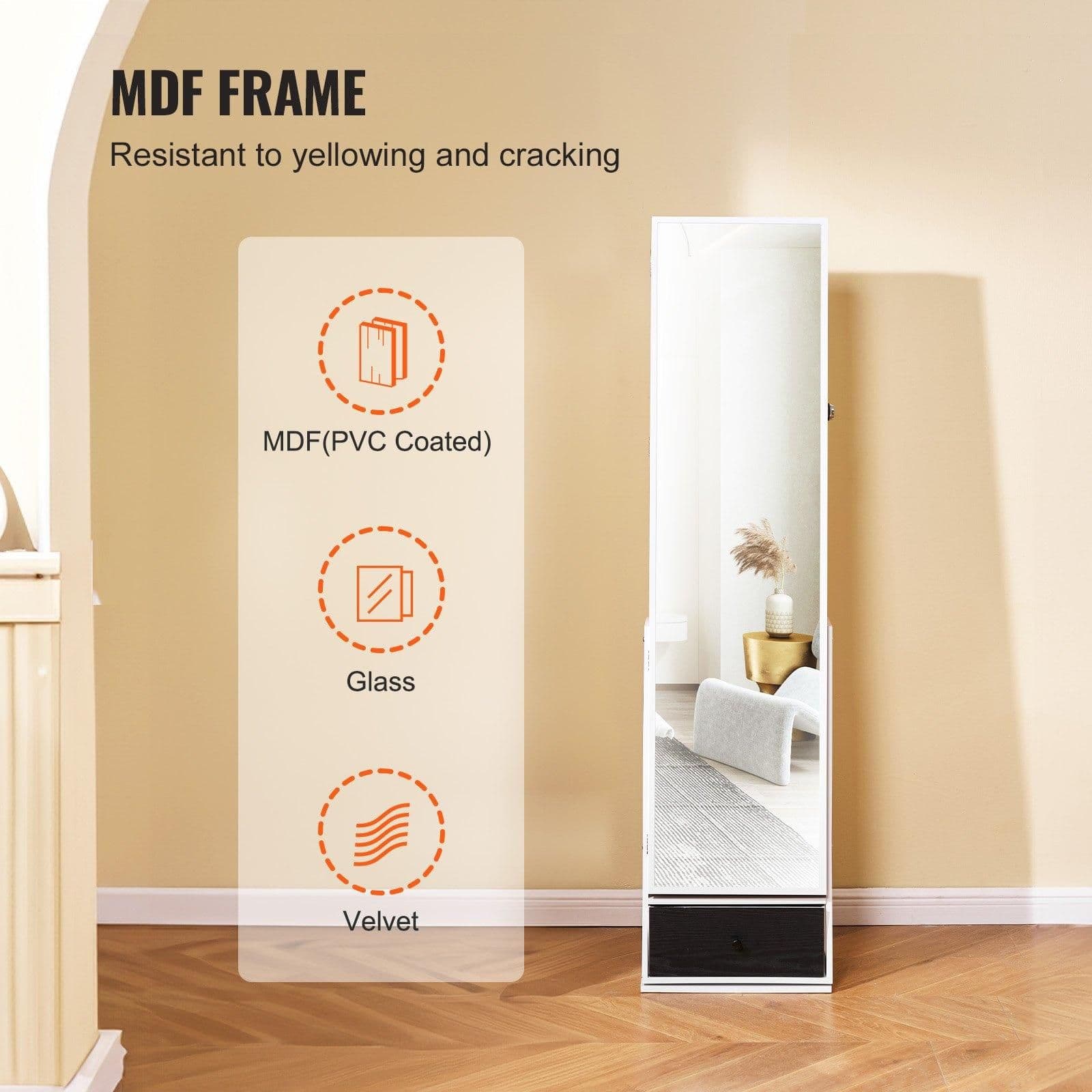image-VEVOR Mirror Jewelry Cabinet, 360° Swivel Standing Mirror with Storage, Lockable Jewelry Mirror Organizer with Full Length Mirror, Velvet Lining, LED Light, Drawer, Freestanding Jewelry Armoire, White
