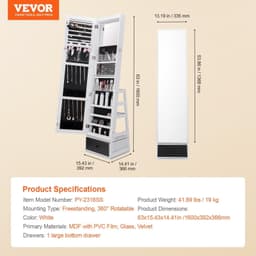 image-VEVOR Mirror Jewelry Cabinet, 360° Swivel Standing Mirror with Storage, Lockable Jewelry Mirror Organizer with Full Length Mirror, Velvet Lining, LED Light, Drawer, Freestanding Jewelry Armoire, White