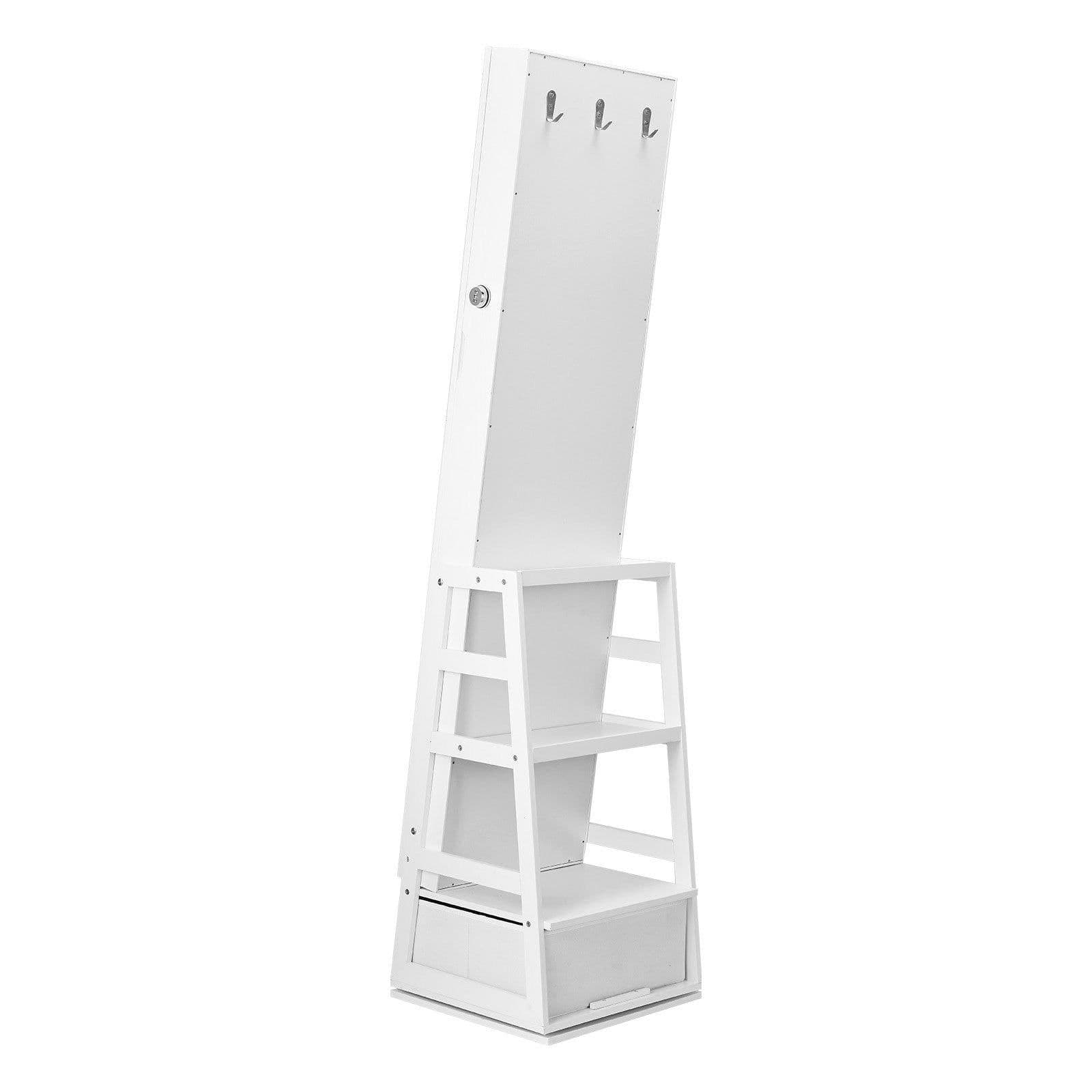 image-VEVOR Mirror Jewelry Cabinet, 360° Swivel Standing Mirror with Storage, Lockable Jewelry Mirror Organizer with Full Length Mirror, Velvet Lining, LED Light, Drawer, Freestanding Jewelry Armoire, White