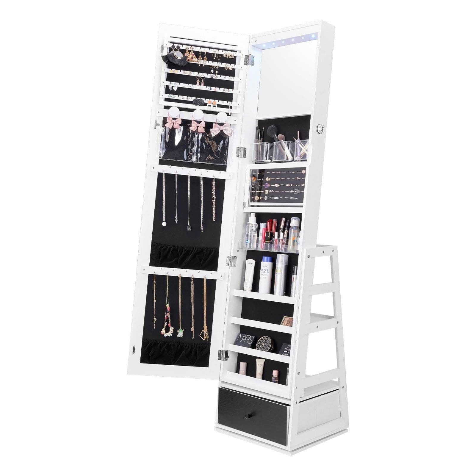 image-VEVOR Mirror Jewelry Cabinet, 360° Swivel Standing Mirror with Storage, Lockable Jewelry Mirror Organizer with Full Length Mirror, Velvet Lining, LED Light, Drawer, Freestanding Jewelry Armoire, White