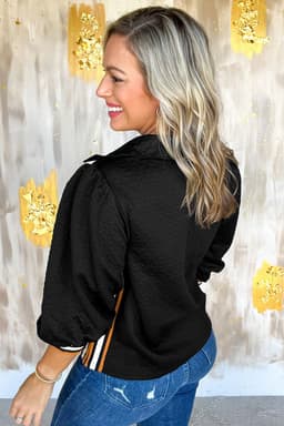 image-Black Striped Patchwork Polo Sweatshirt