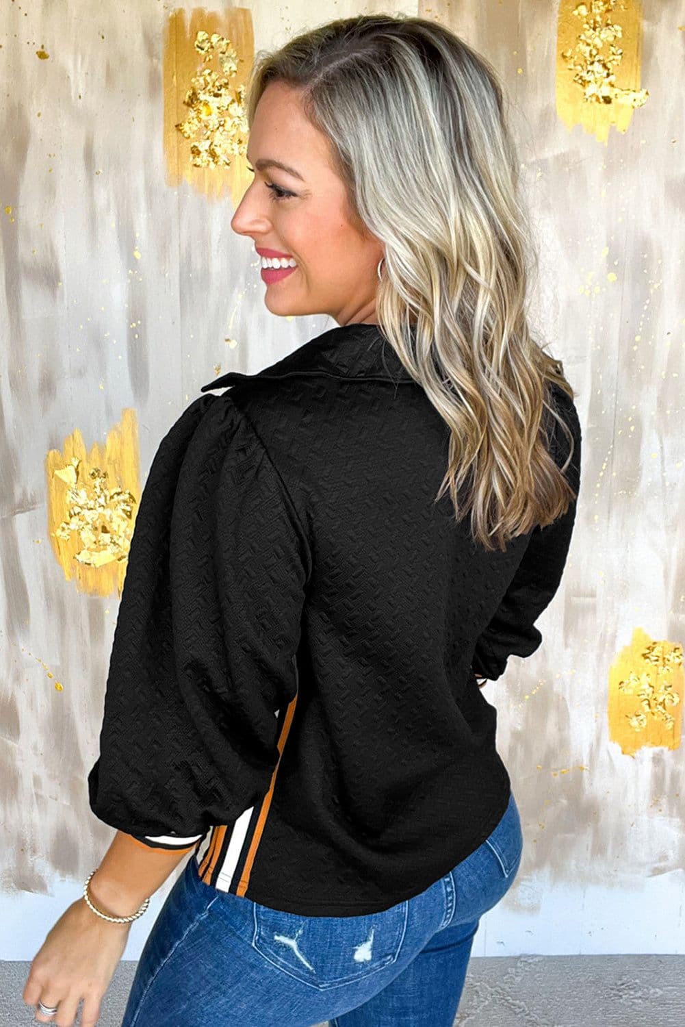 image-Black Striped Patchwork Polo Sweatshirt