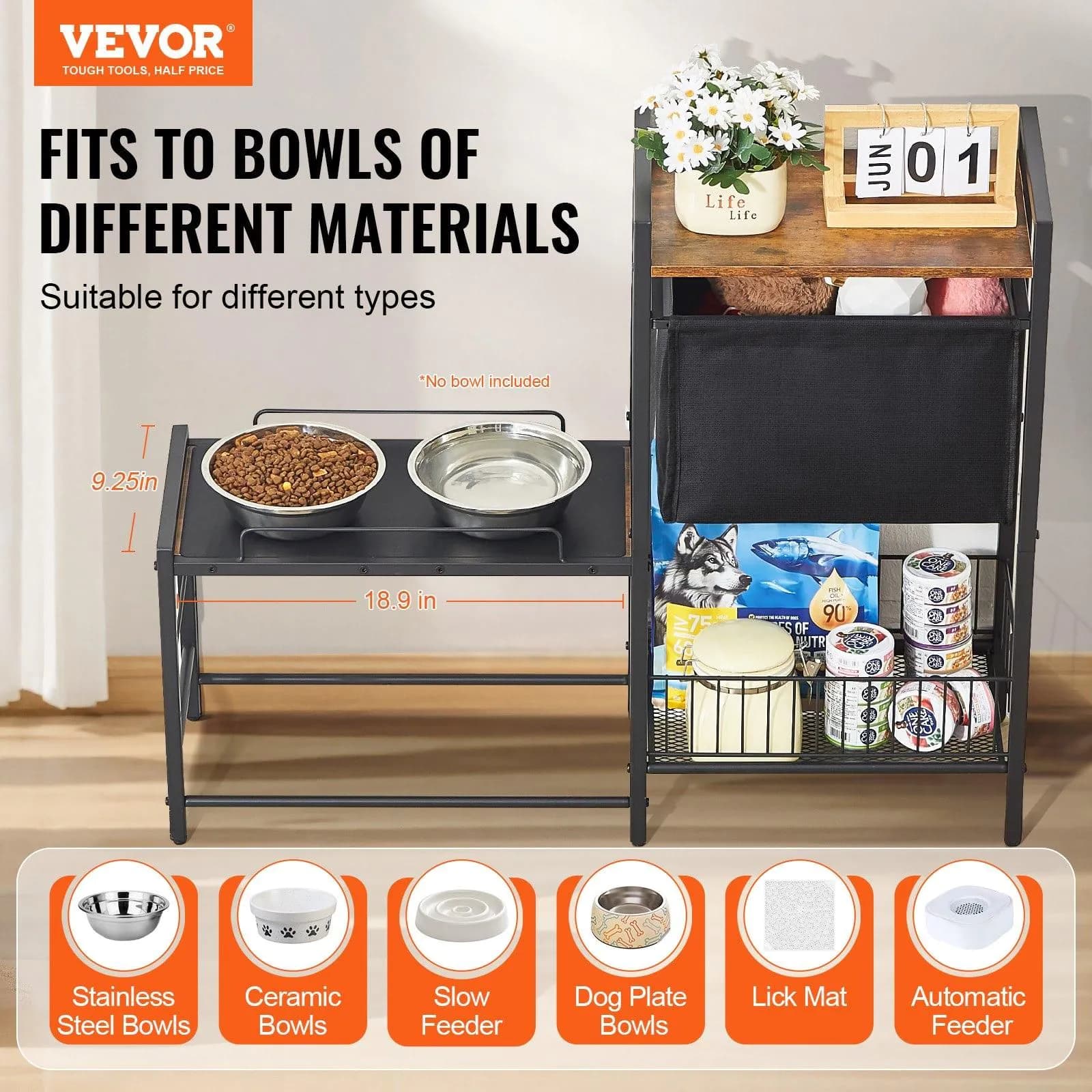 image-VEVOR Pet Feeding Station with Storage, Elevated Dog Bowls, Raised Dog Bowl Stand, Dog Food Storage and Feeder Station with Storage Shelves, Pet Toy Storage Organizer, for Large Medium Small Dogs