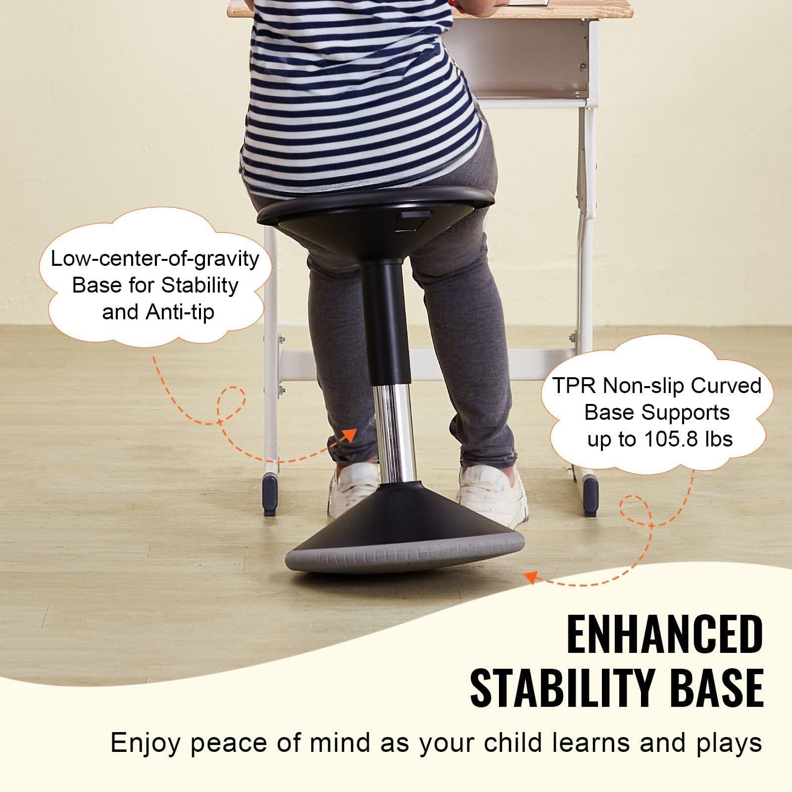 image-VEVOR Wobble Chair, Height-Adjustable (15.7-21.7") Active Chair, Flexible Seating Wobble Stool Made of PVC+ABS Improves Focus & Posture, Ideal for Schools, Office and Home, Age 12-18, Black