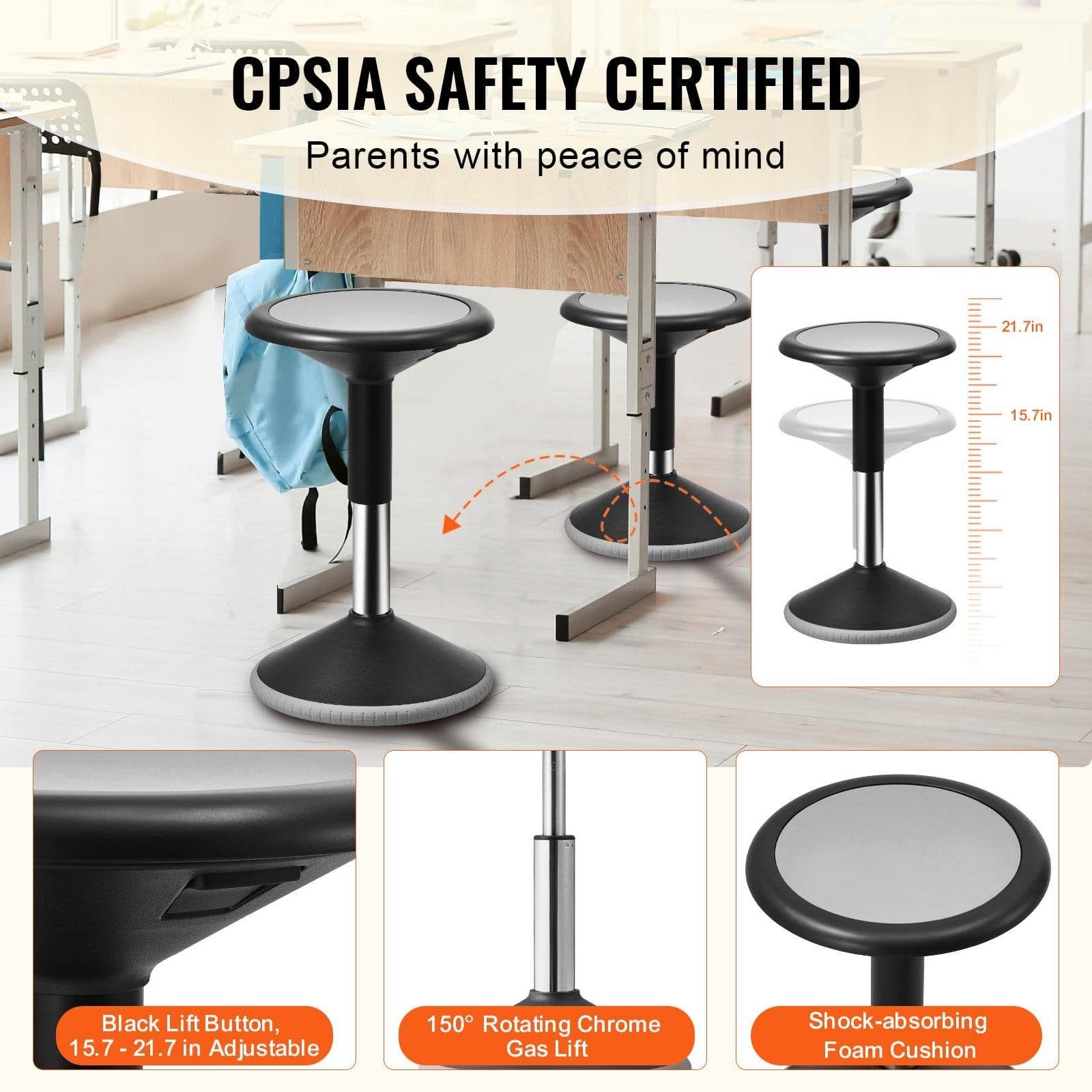 image-VEVOR Wobble Chair, Height-Adjustable (15.7-21.7") Active Chair, Flexible Seating Wobble Stool Made of PVC+ABS Improves Focus & Posture, Ideal for Schools, Office and Home, Age 12-18, Black