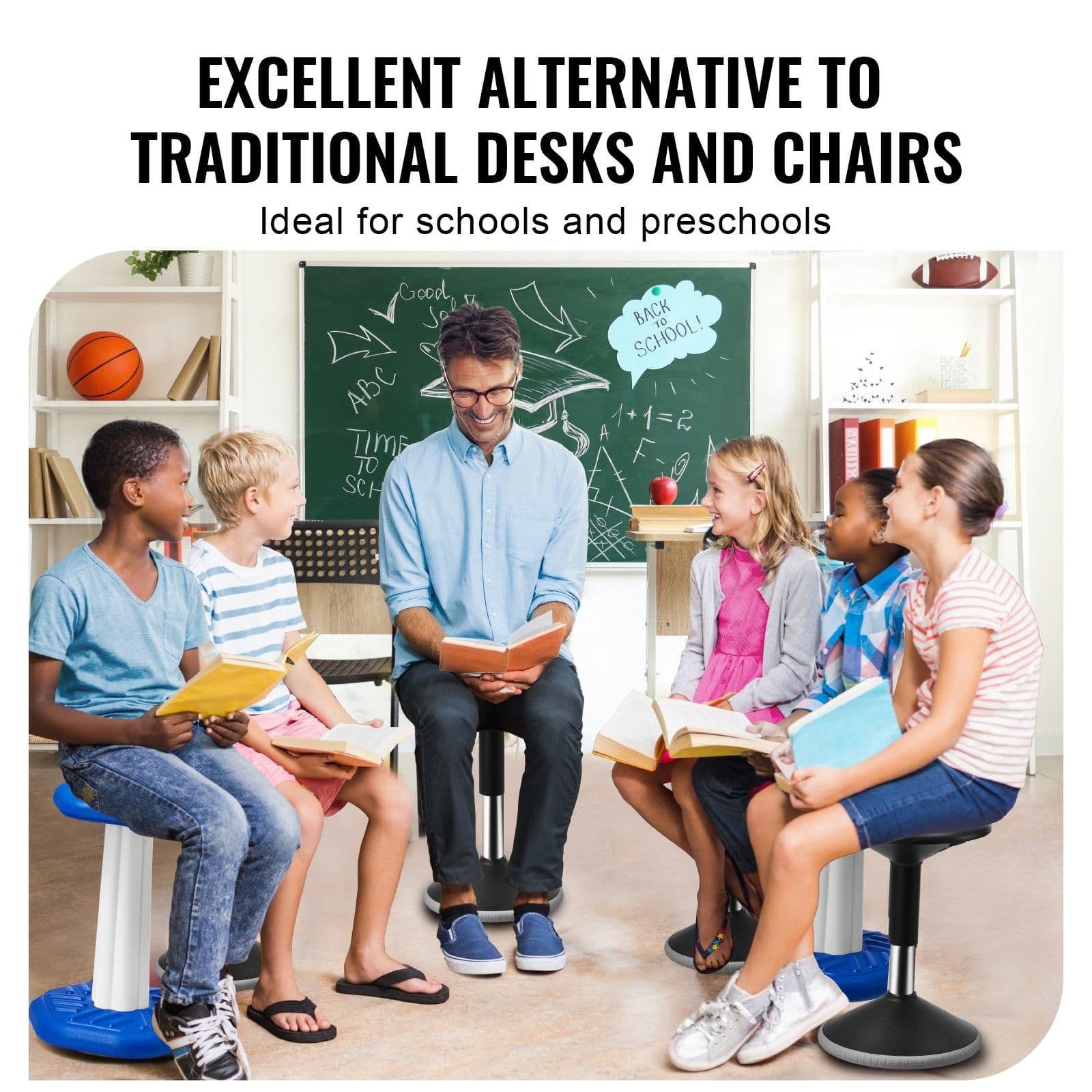 image-VEVOR Wobble Chair, Height-Adjustable (15.7-21.7") Active Chair, Flexible Seating Wobble Stool Made of PVC+ABS Improves Focus & Posture, Ideal for Schools, Office and Home, Age 12-18, Black