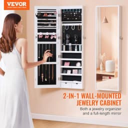 image-VEVOR Mirror Jewelry Cabinet, 47.05-Inch Tall Lockable Jewelry Cabinet Armoire with Full-Length Mirror, Wall or Door Mounted Jewelry Mirror Organizer with LED Interior Lights and Velvet Lining, White