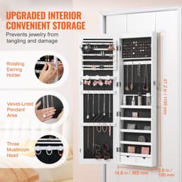 image-VEVOR Mirror Jewelry Cabinet, 47.05-Inch Tall Lockable Jewelry Cabinet Armoire with Full-Length Mirror, Wall or Door Mounted Jewelry Mirror Organizer with LED Interior Lights and Velvet Lining, White