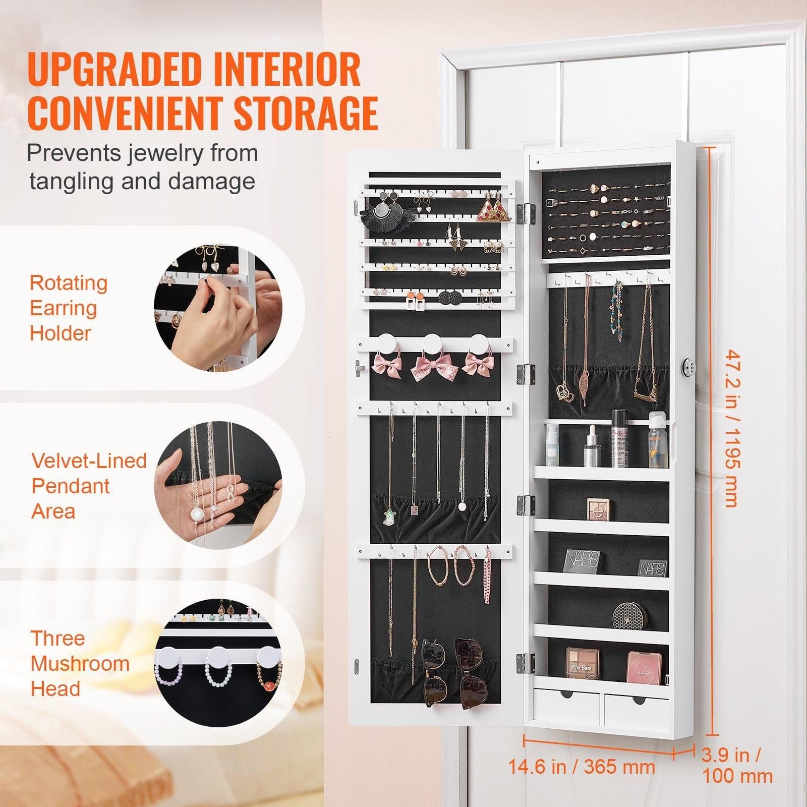 image-VEVOR Mirror Jewelry Cabinet, 47.05-Inch Tall Lockable Jewelry Cabinet Armoire with Full-Length Mirror, Wall or Door Mounted Jewelry Mirror Organizer with LED Interior Lights and Velvet Lining, White