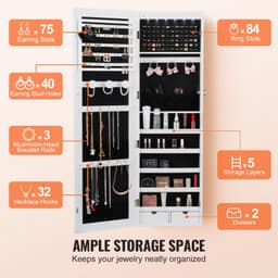 image-VEVOR Mirror Jewelry Cabinet, 47.05-Inch Tall Lockable Jewelry Cabinet Armoire with Full-Length Mirror, Wall or Door Mounted Jewelry Mirror Organizer with LED Interior Lights and Velvet Lining, White