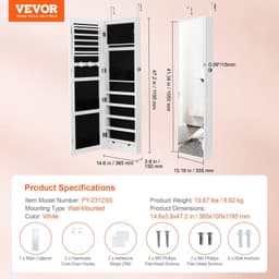 image-VEVOR Mirror Jewelry Cabinet, 47.05-Inch Tall Lockable Jewelry Cabinet Armoire with Full-Length Mirror, Wall or Door Mounted Jewelry Mirror Organizer with LED Interior Lights and Velvet Lining, White