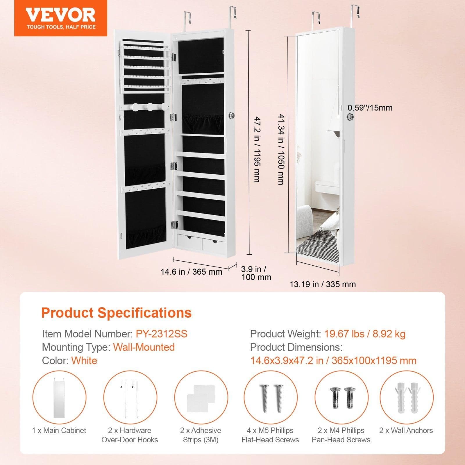 image-VEVOR Mirror Jewelry Cabinet, 47.05-Inch Tall Lockable Jewelry Cabinet Armoire with Full-Length Mirror, Wall or Door Mounted Jewelry Mirror Organizer with LED Interior Lights and Velvet Lining, White
