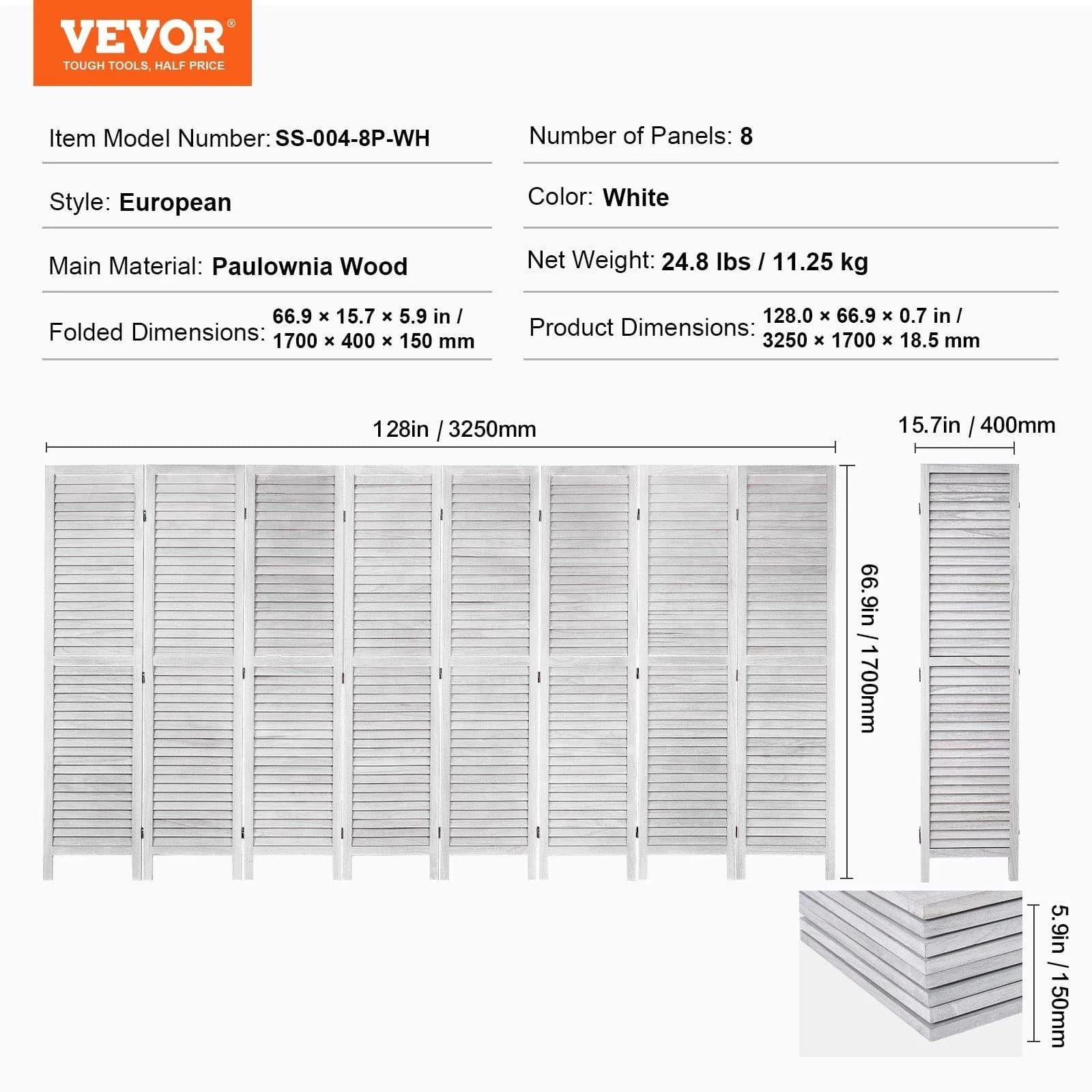 image-VEVOR Wood Room Divider, 8 Panel Wood Folding Privacy Screen, 66.9 Inches Tall Indoor Louvered Wooden Partition, Portable Decoration Screen, for Room Separation, Home, Office, Restaurant & Bedroom