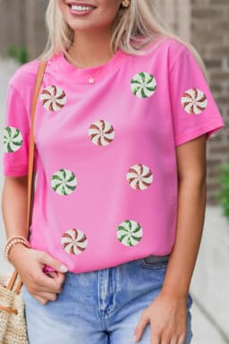 image-Sachet Pink Sequined Peppermint Christmas T Shirt