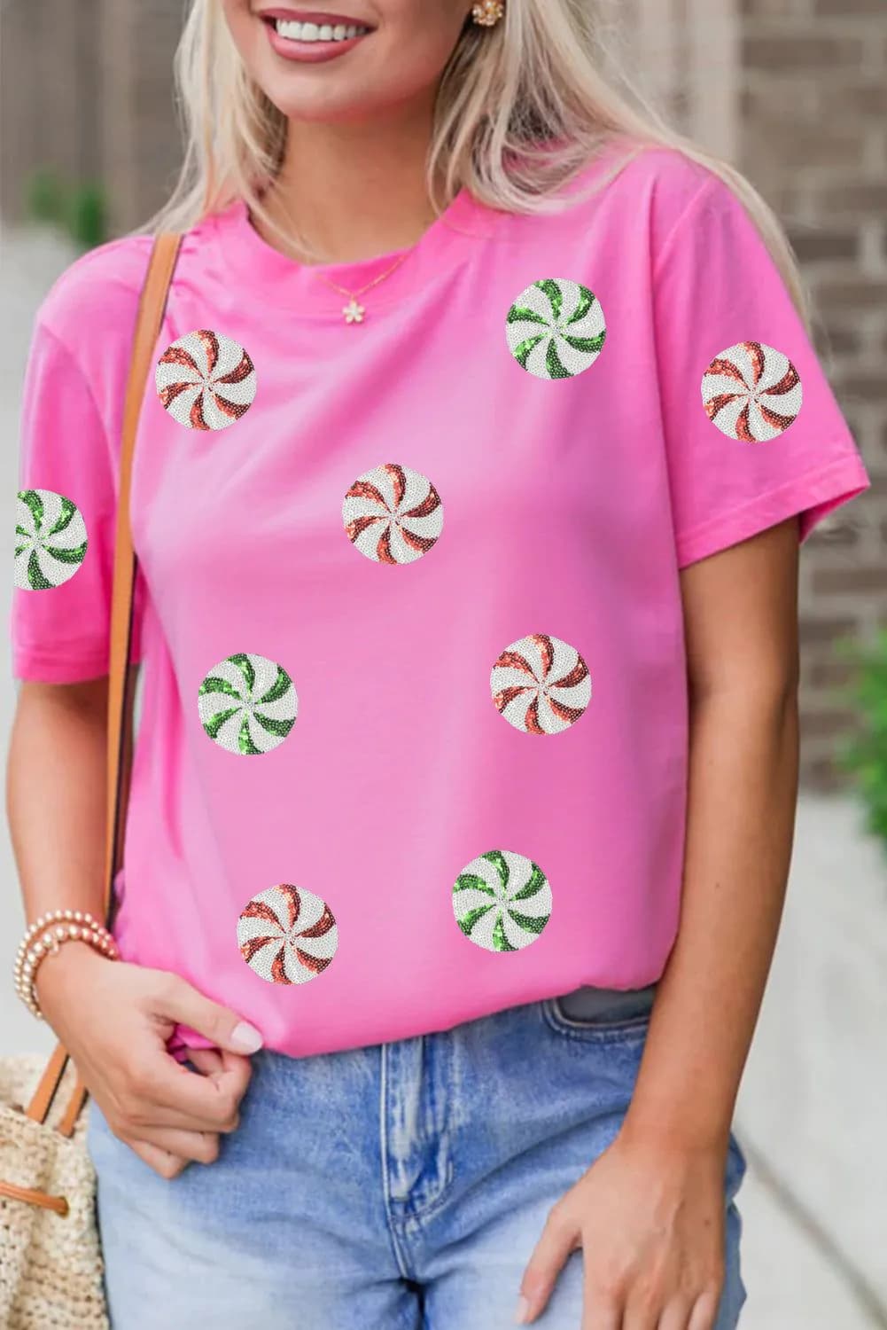 image-Sachet Pink Sequined Peppermint Christmas T Shirt