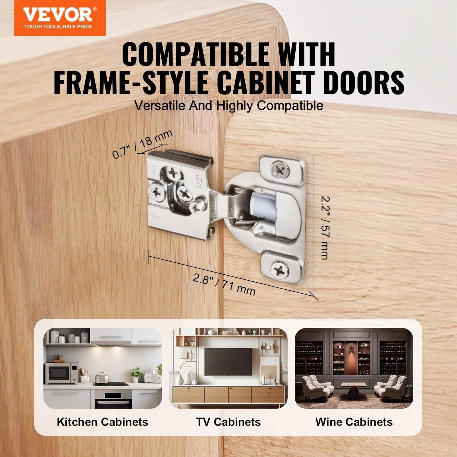 image-VEVOR Cabinet Hinges, 40 Packs Partial Overlay Kitchen Cabinet Door Hinges, 105 Degree Opening Angel Soft Close Concealed Cupboard Hinges for Framed Cabinet Type, with Mounting Screws