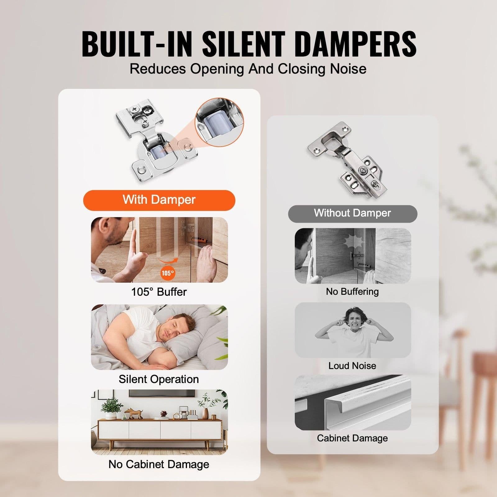 image-VEVOR Cabinet Hinges, 40 Packs Partial Overlay Kitchen Cabinet Door Hinges, 105 Degree Opening Angel Soft Close Concealed Cupboard Hinges for Framed Cabinet Type, with Mounting Screws