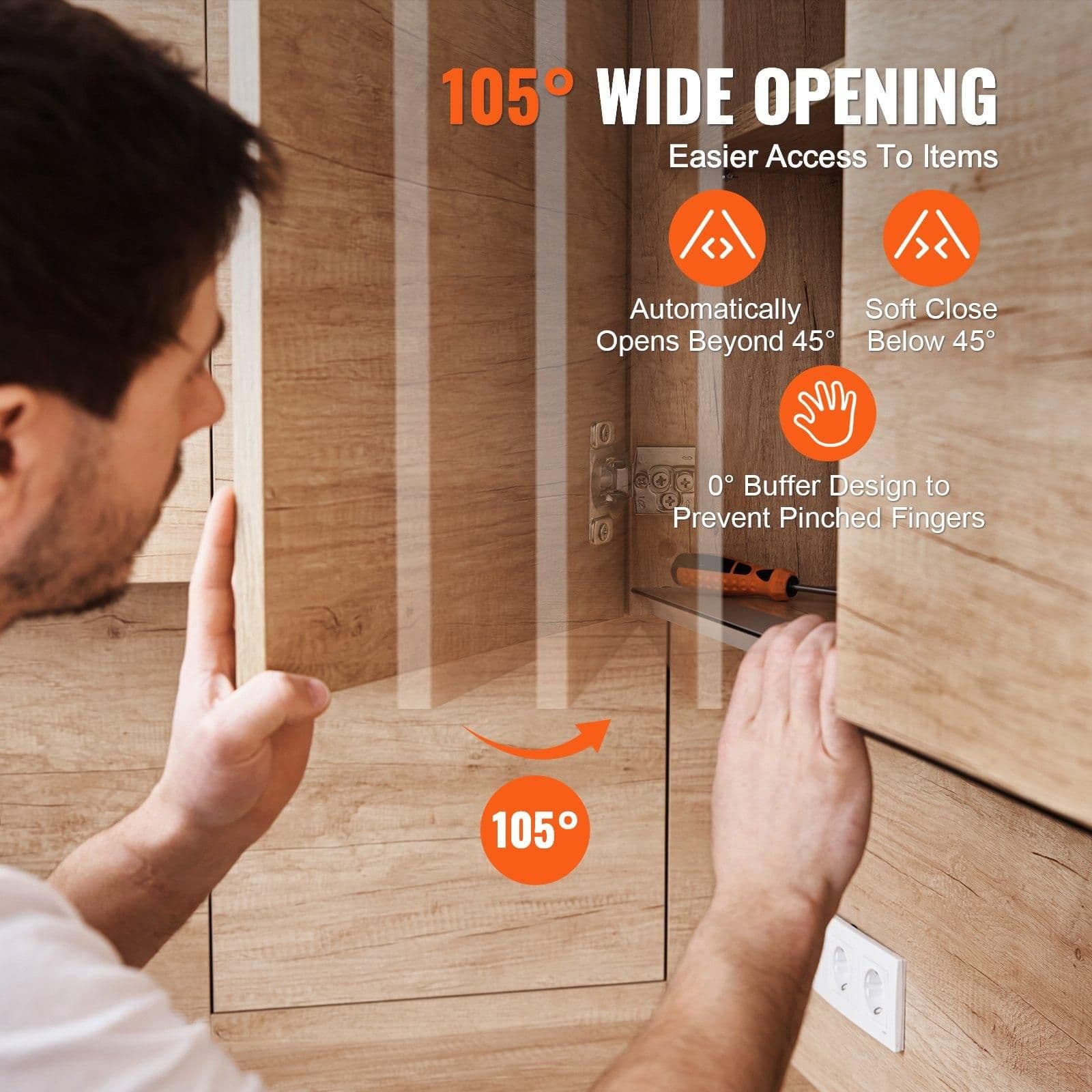 image-VEVOR Cabinet Hinges, 40 Packs Partial Overlay Kitchen Cabinet Door Hinges, 105 Degree Opening Angel Soft Close Concealed Cupboard Hinges for Framed Cabinet Type, with Mounting Screws